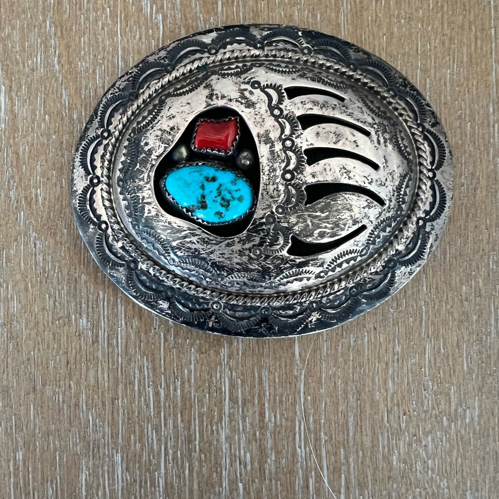 Vintage turquoise and coral bear claw belt buckle